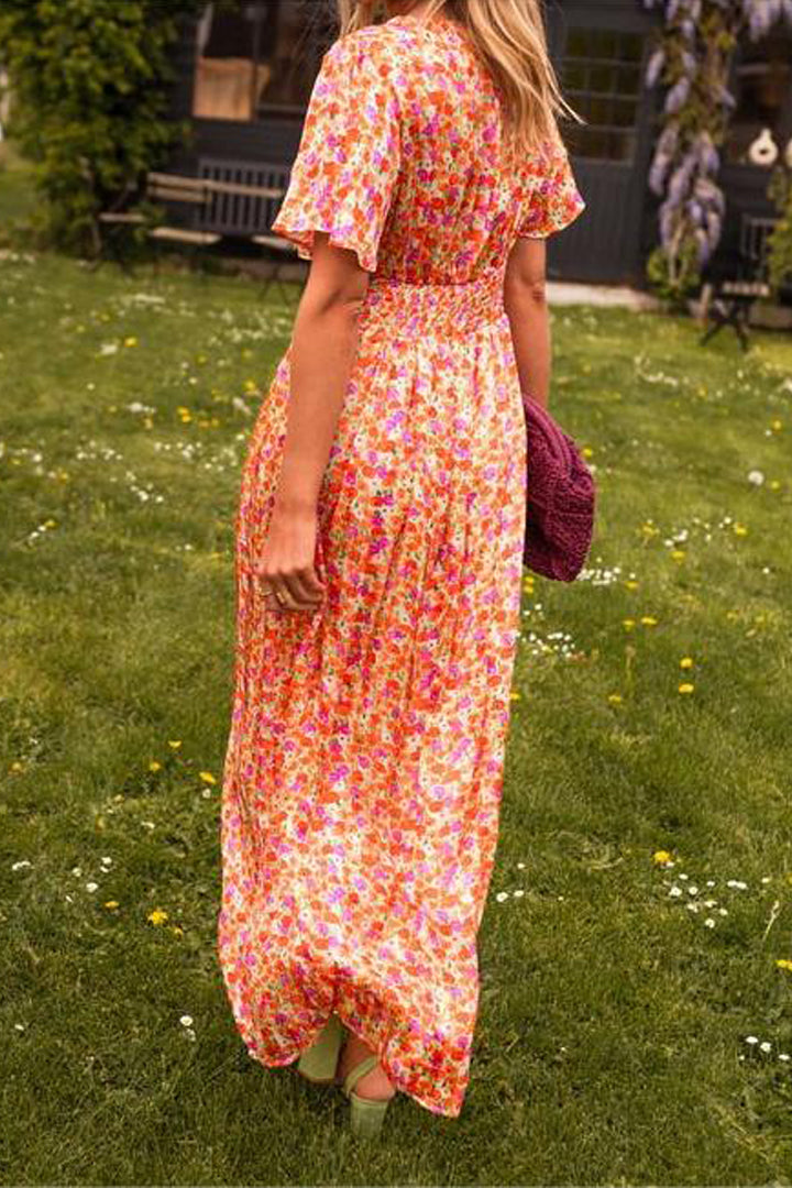 Audrey - Bedrucktes langes Kleid mit V-Ausschnitt