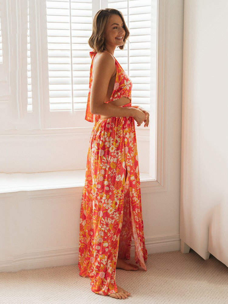 Olga - Blumenmuster Rückenfreies Kleid