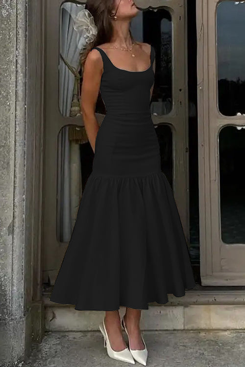 Sienna | U-Auschnitt ärmelloses Rüsche Bodycon Midi-Kleid