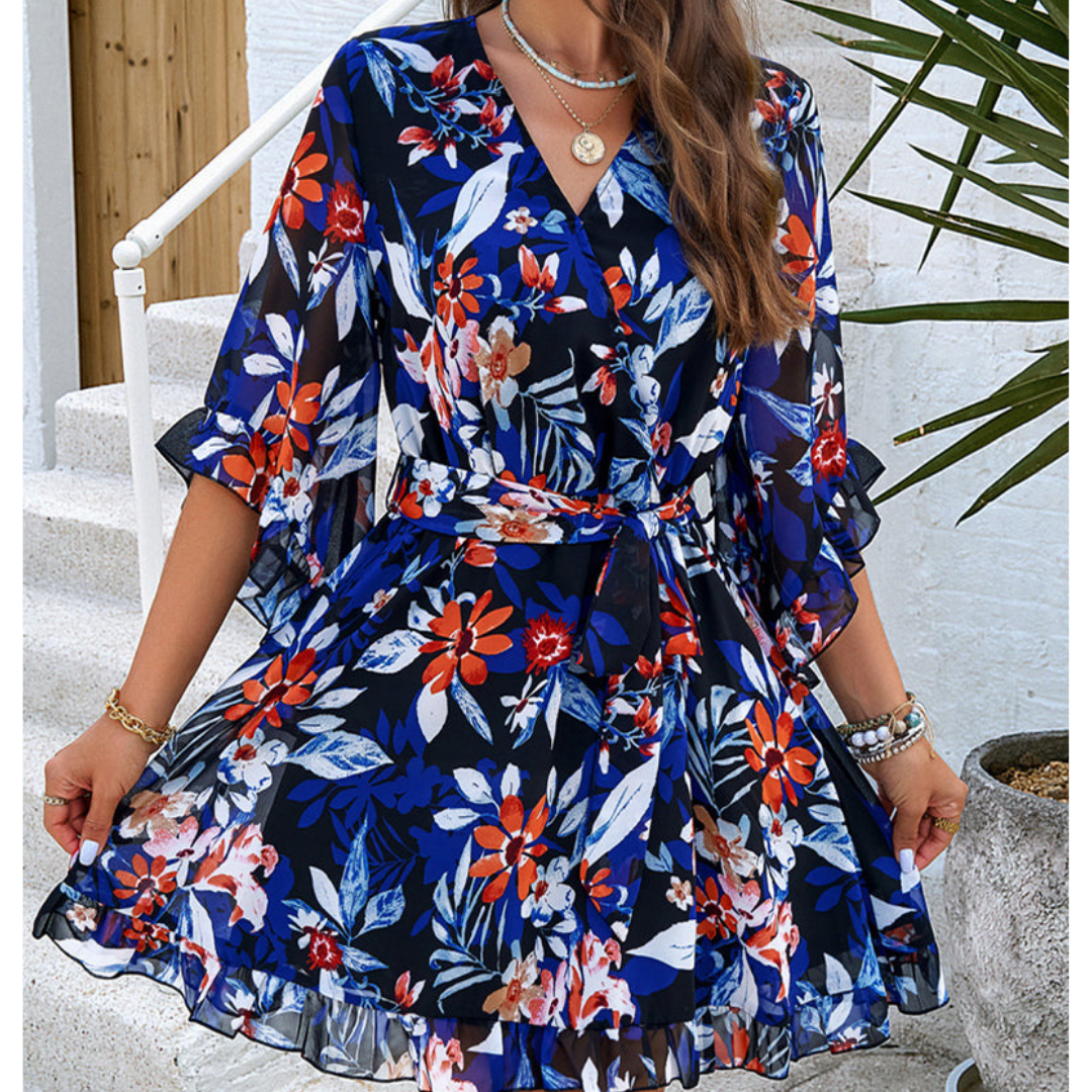 Loraine - Blüten V-Ausschnitt Glockenärmel Mini Kleid für Frauen