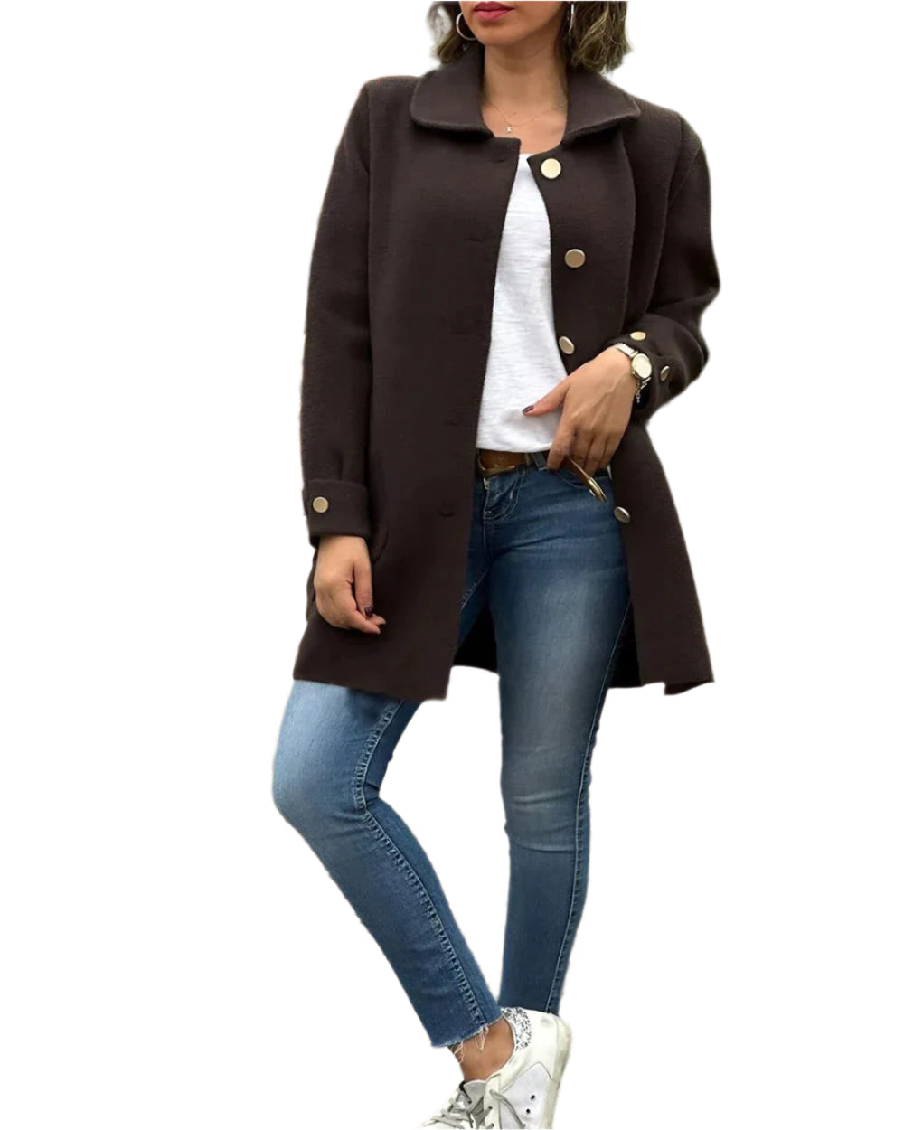 Clara Klassische Lange Damenjacke mit Knopfschluss und Seitentaschen