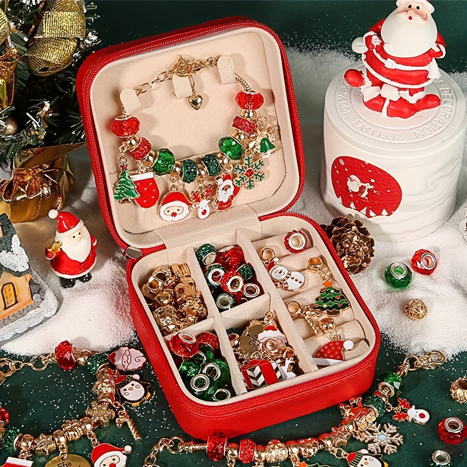 Weihnachts Charm Armband Bastelset, Elegante Rot-Grün Serie DIY Perlen