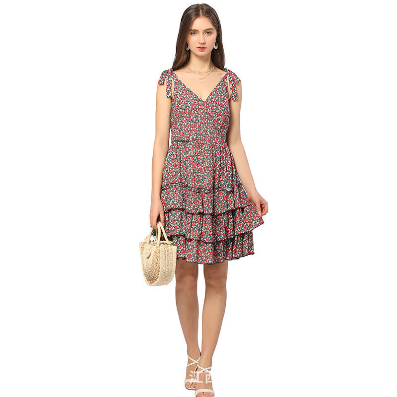 Sharon - Französisches Blumenkleid mit Schlaufen-V-Ausschnitt