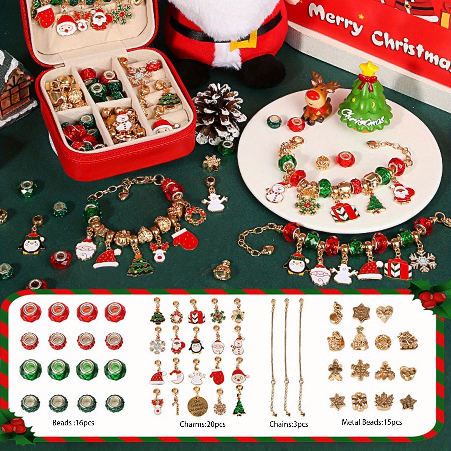 Weihnachts Charm Armband Bastelset, Elegante Rot-Grün Serie DIY Perlen