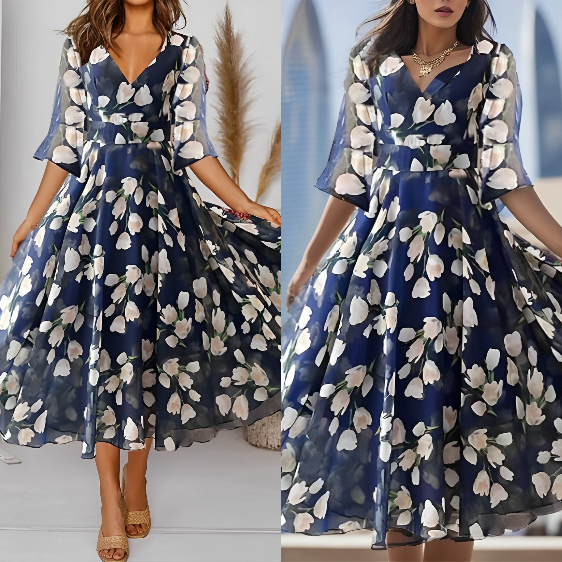Merete - Plissiertes Blumenmuster Midikleid