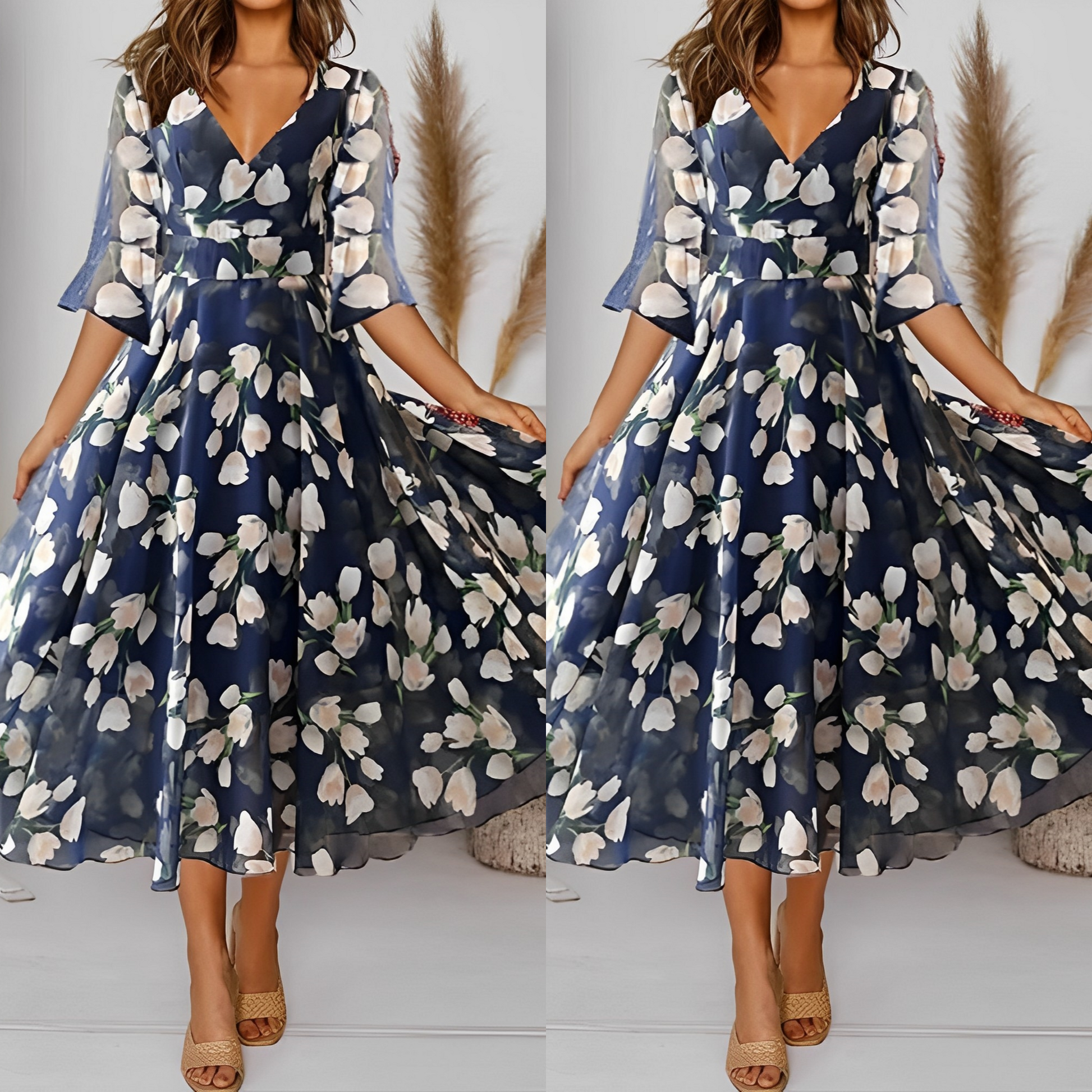 Merete - Plissiertes Blumenmuster Midikleid