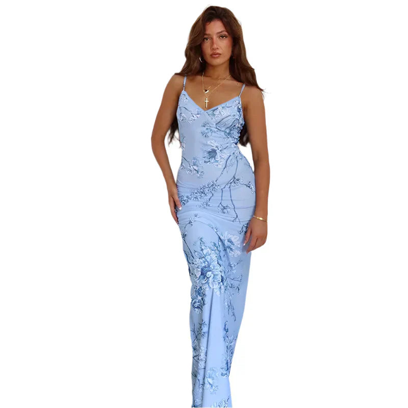 Mathilde Blumenmuster Bodycon Maxikleid mit Spaghettiträgern