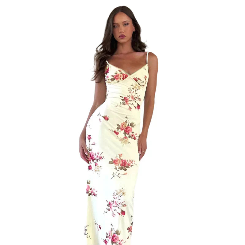 Mathilde Blumenmuster Bodycon Maxikleid mit Spaghettiträgern