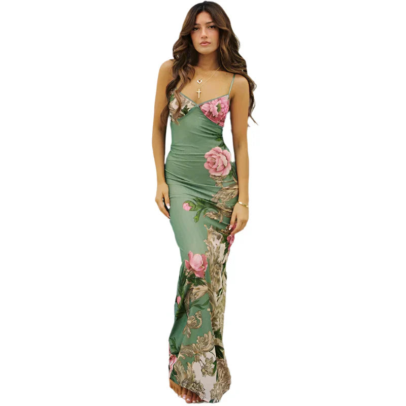 Mathilde Blumenmuster Bodycon Maxikleid mit Spaghettiträgern