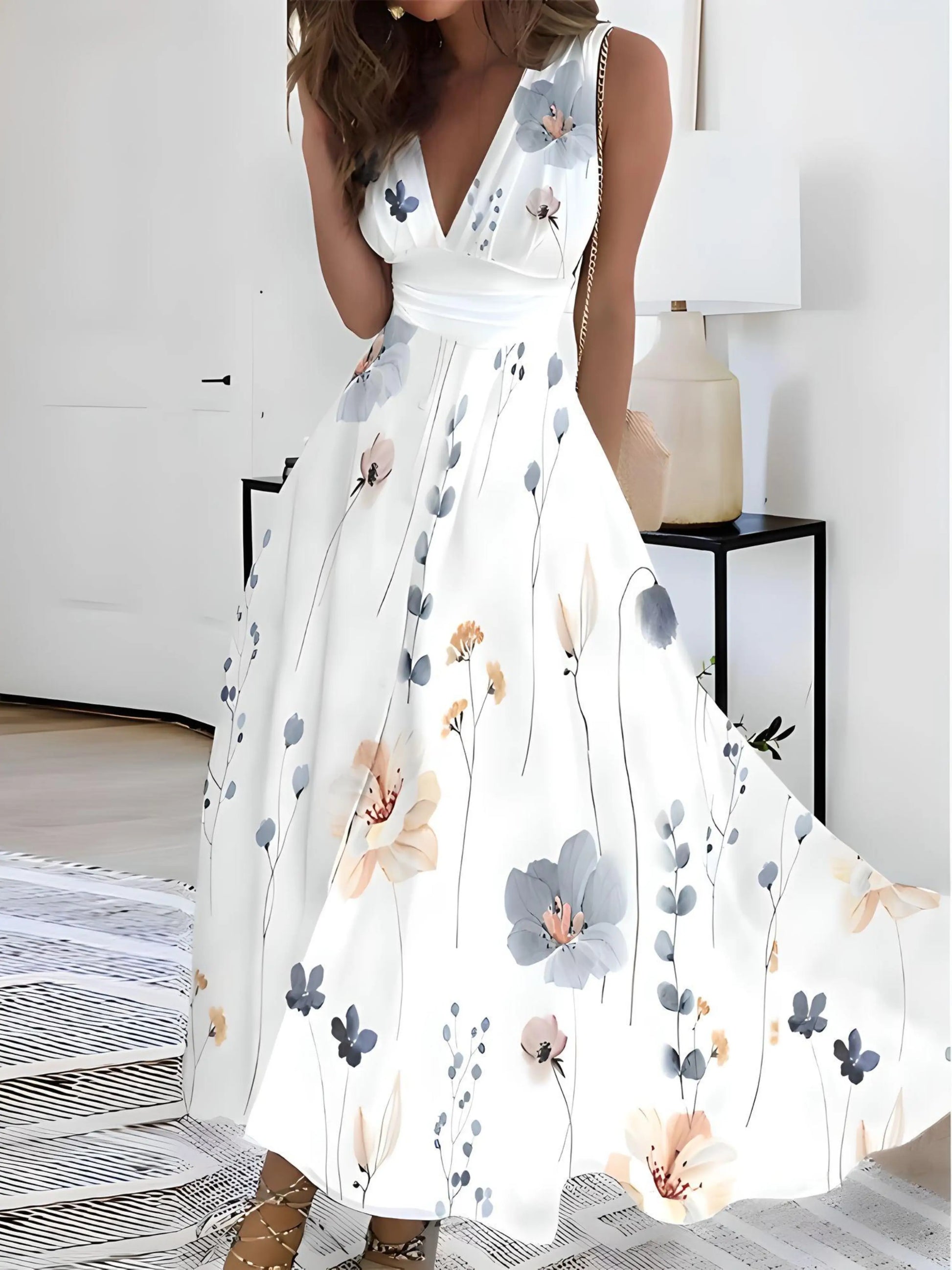 Mette - Blütenmuster V-Ausschnitt Kleid