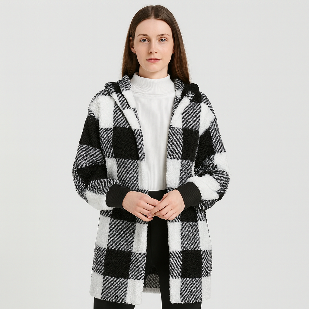 Ava | Damen Fleece-Cardigan mit Kapuze und Karomuster