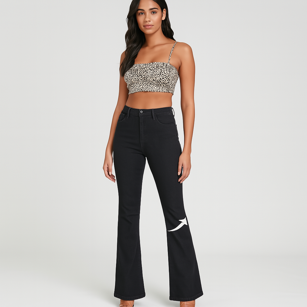 Bella – Elegante schwarze Schlagjeans für Damen – Hochelastisch mit hohem Bund