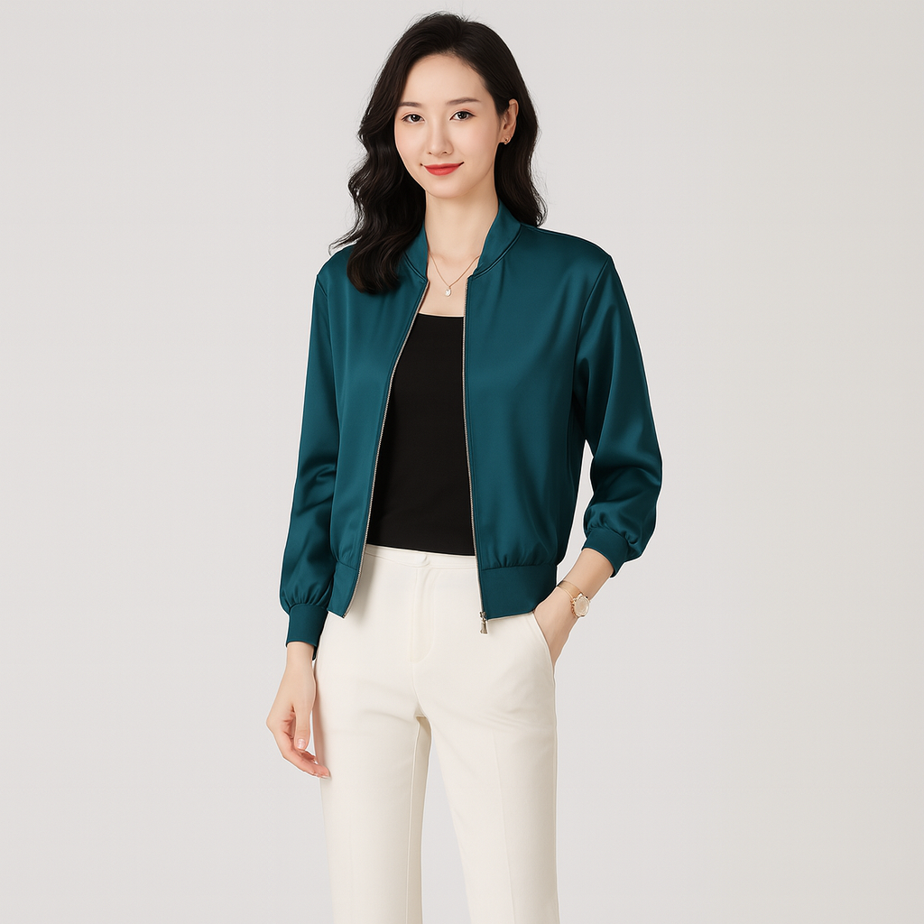 Bomberjacke aus Satin für Damen – Lockere Passform, Reißverschluss, Allwetterstil