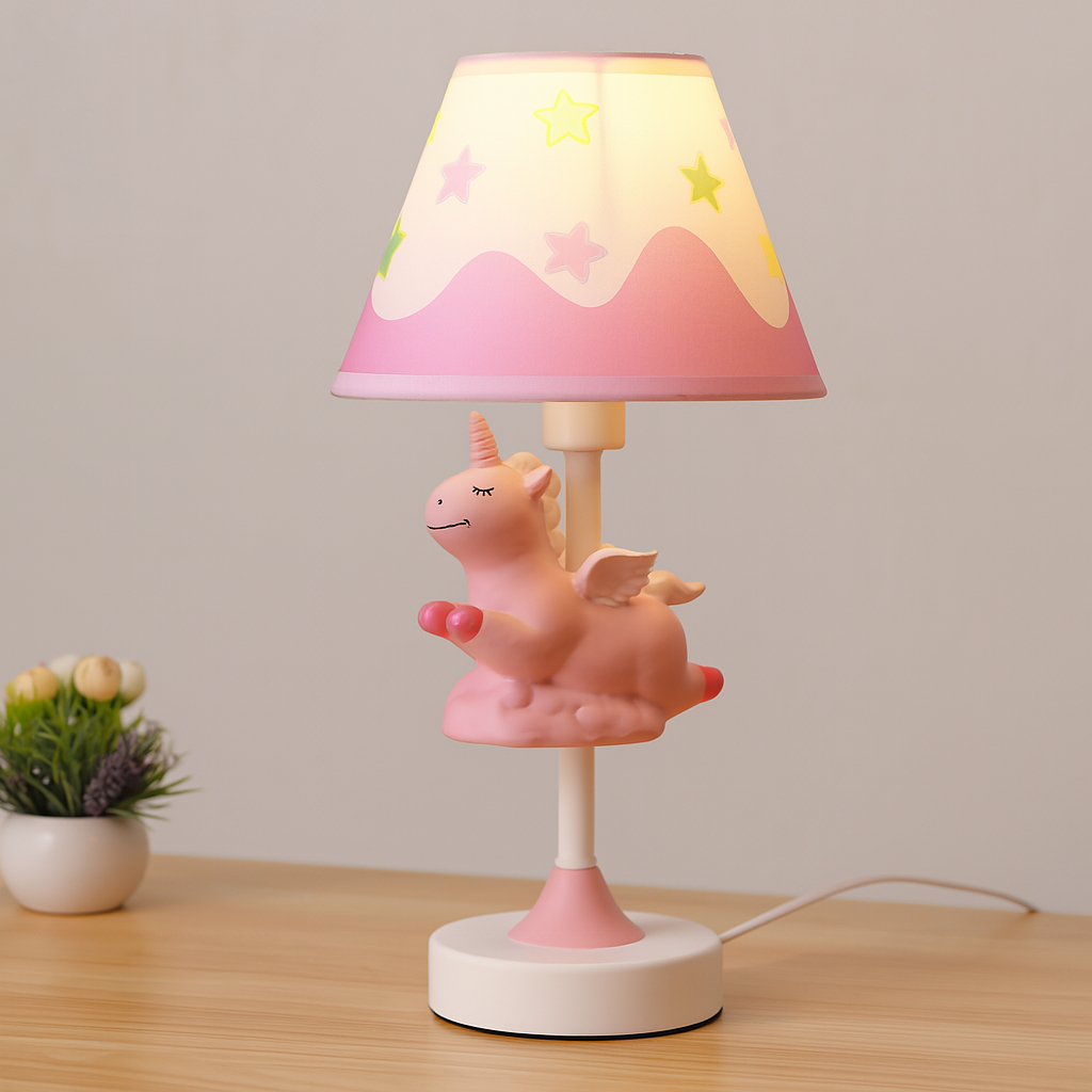 Twinklehorn – Einhorn Tischlampe mit Stoffschirm für Arbeitszimmer