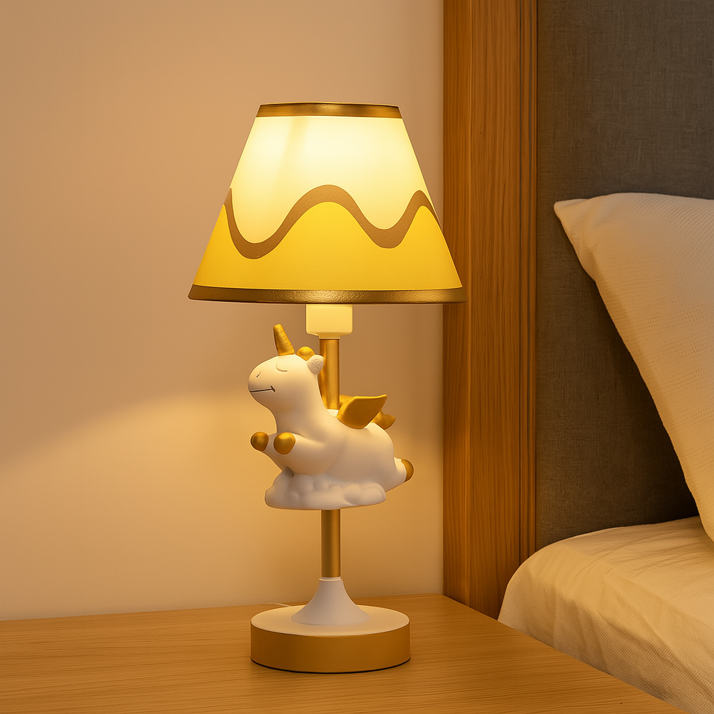 Twinklehorn – Einhorn Tischlampe mit Stoffschirm für Arbeitszimmer