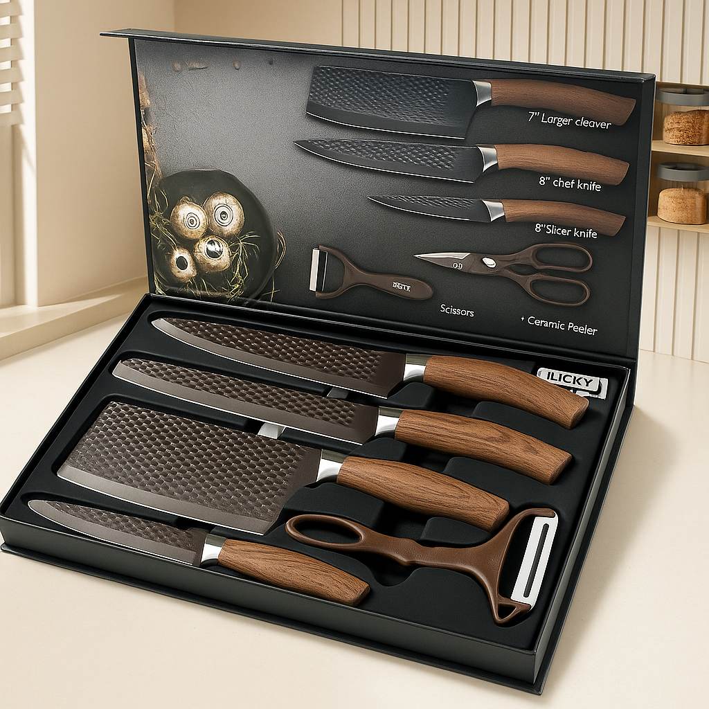 Chefora | 6-teiliges Küchenmesser- und Zubehörset aus Edelstahl – Schwarze Geschenk-Edition