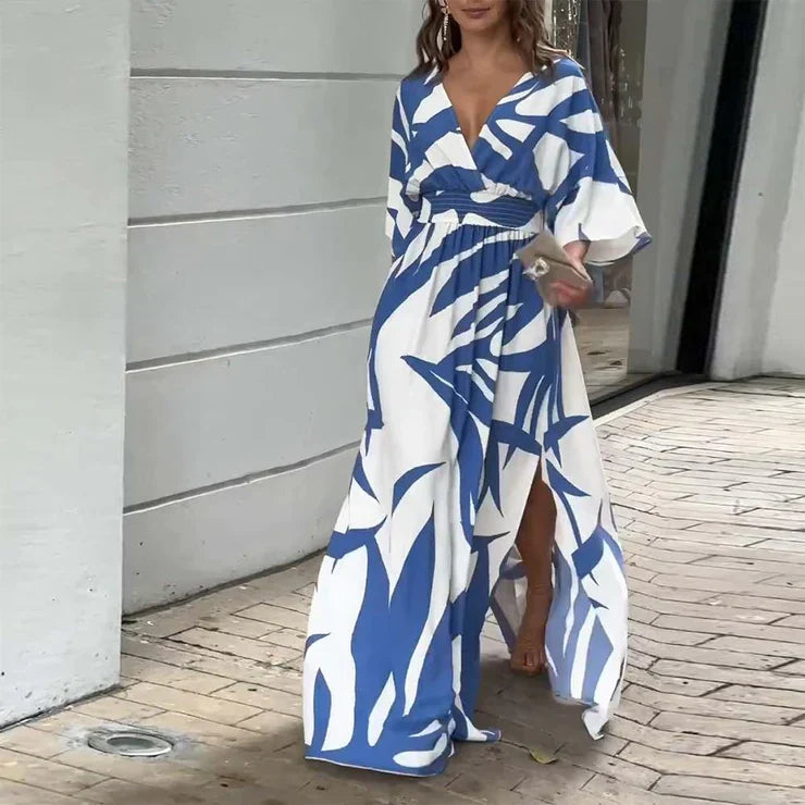 Emily – Maxikleid mit 3/4-Ärmeln und blauem Muster