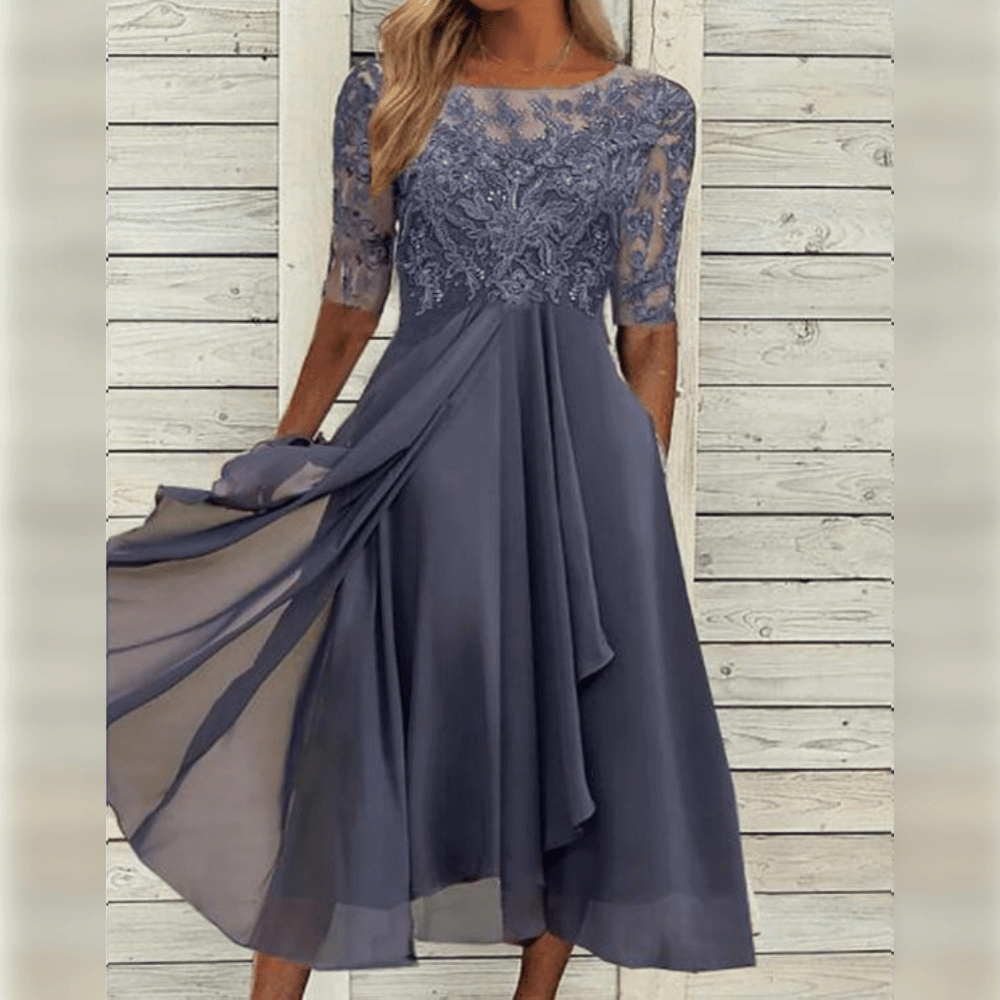 Harper - Schicke cascaderende Rüsch Maxi-Kleid mit rundem Hals