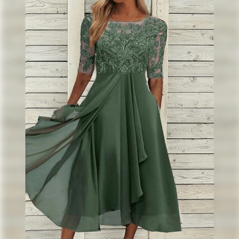Harper - Schicke cascaderende Rüsch Maxi-Kleid mit rundem Hals