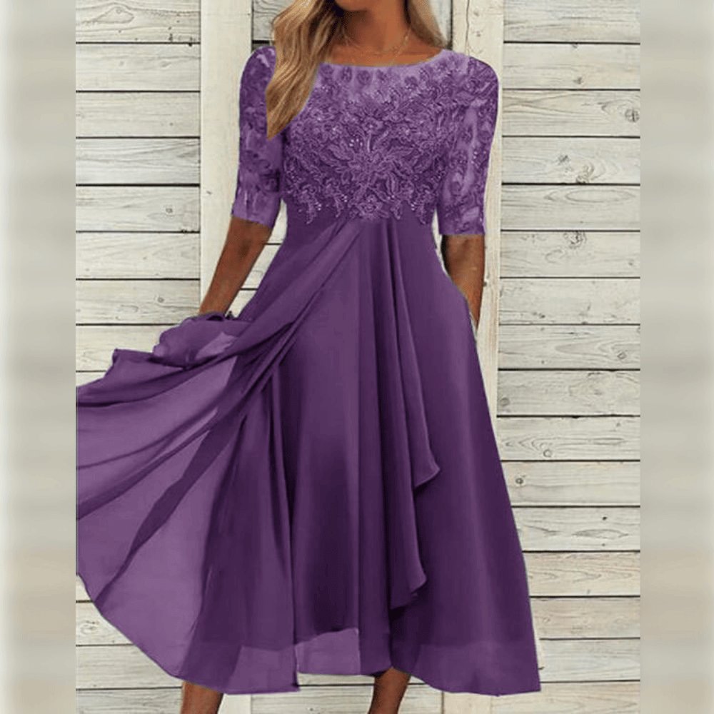 Harper - Schicke cascaderende Rüsch Maxi-Kleid mit rundem Hals