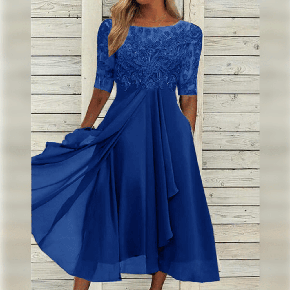 Harper - Schicke cascaderende Rüsch Maxi-Kleid mit rundem Hals