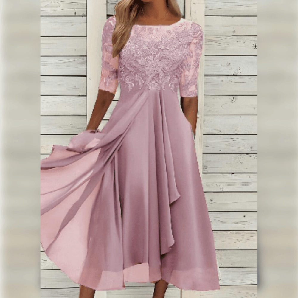 Harper - Schicke cascaderende Rüsch Maxi-Kleid mit rundem Hals