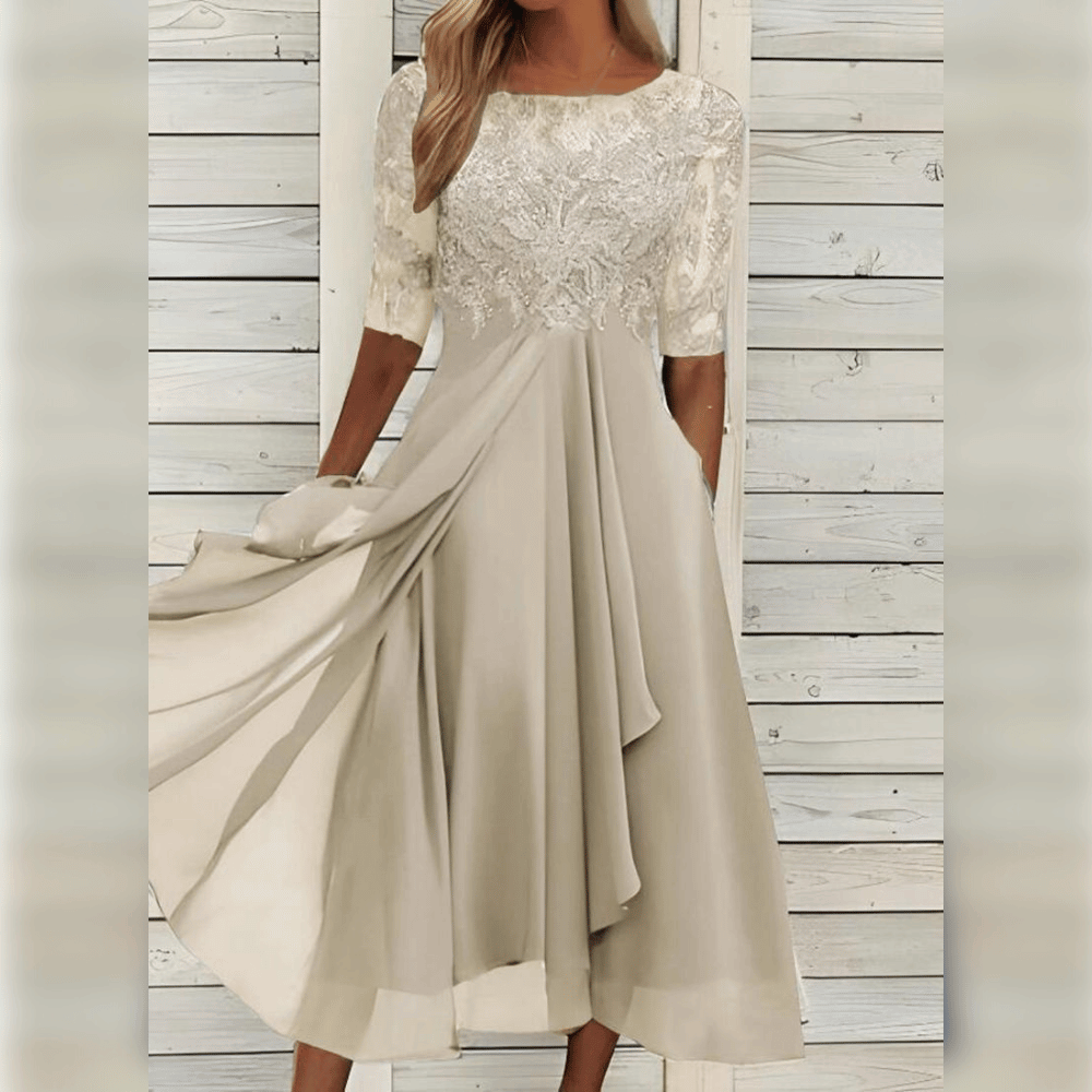 Harper - Schicke cascaderende Rüsch Maxi-Kleid mit rundem Hals