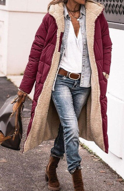 Nikoline - Wendbare lange Pufferjacken aus Sherpa-Fleece mit Kapuze