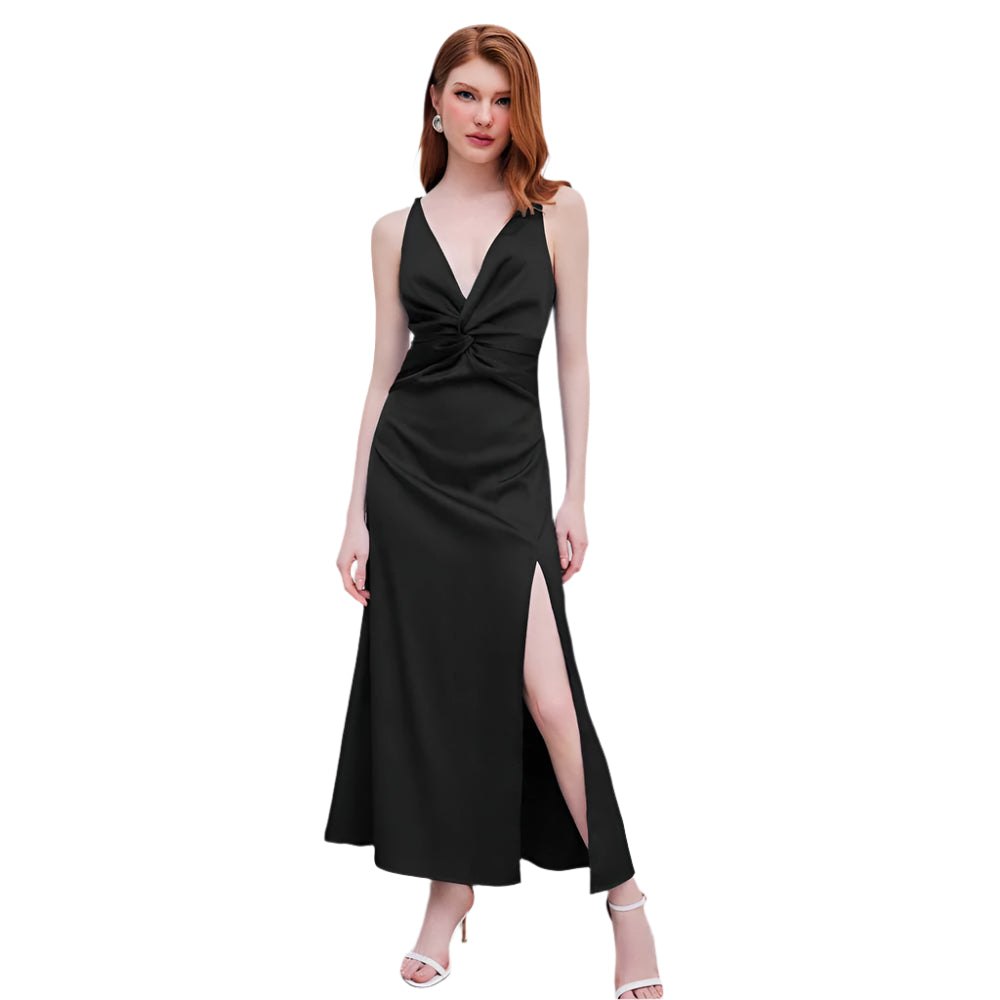 Astrid – Plissierter Maxikleid mit V-Ausschnitt und Seitenschlitz