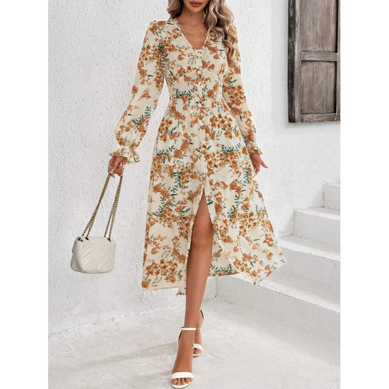 Roberta - Bedrucktes V-Ausschnitt Langarm Maxikleid