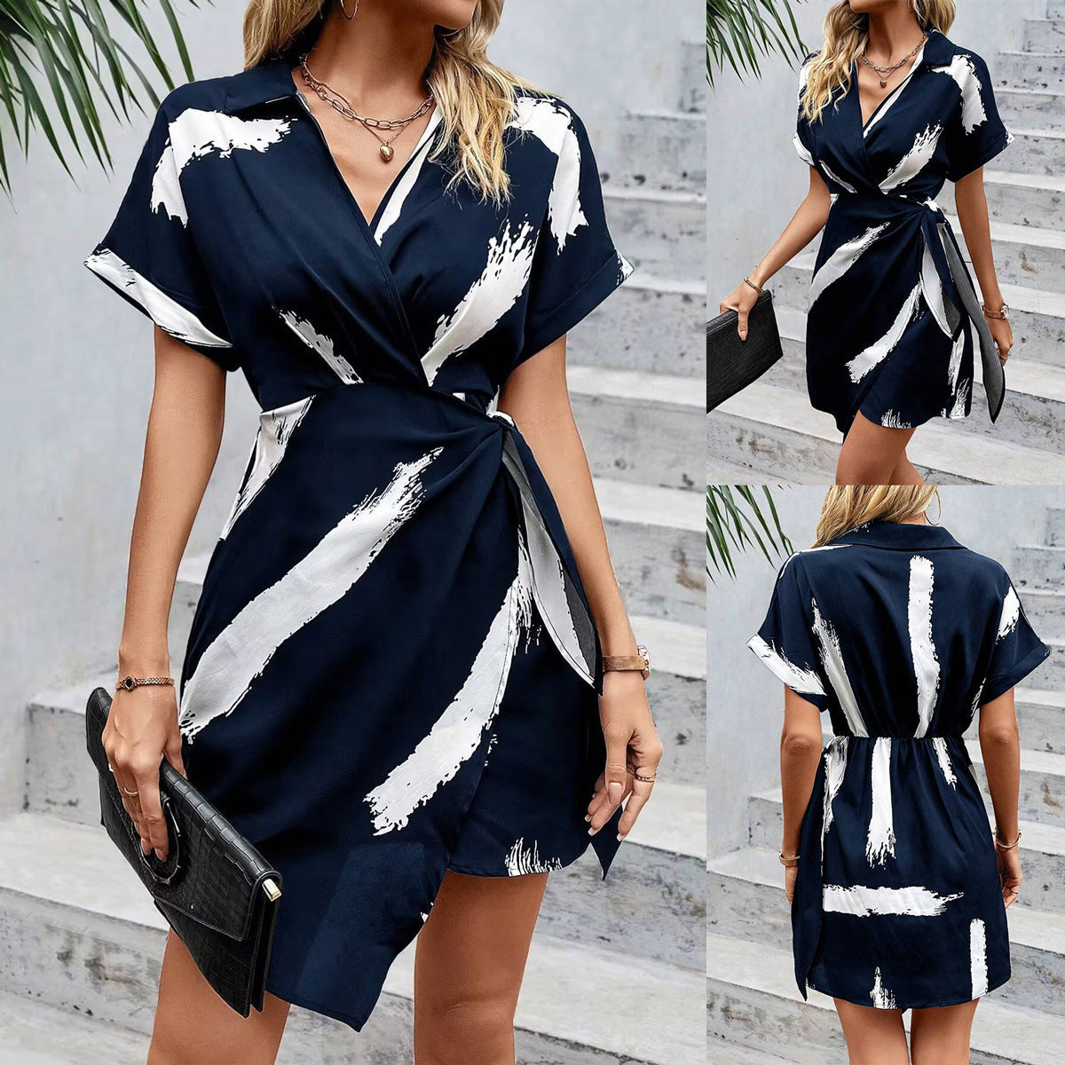 Michelle - Elegantes bedrucktes V-Ausschnitt-Kleid mit Schleife
