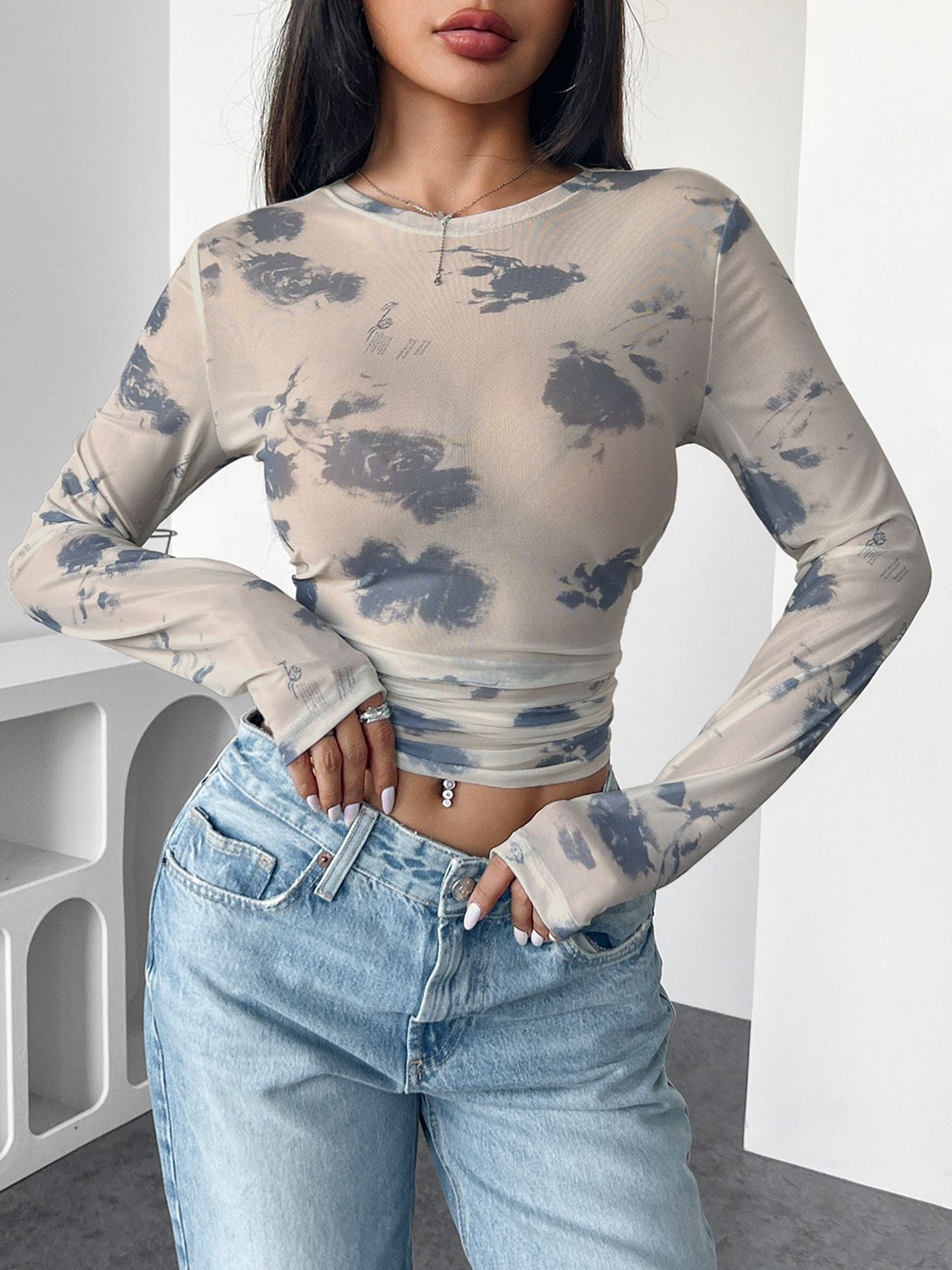 Veronica - Top mit floralem Mesh-Druck