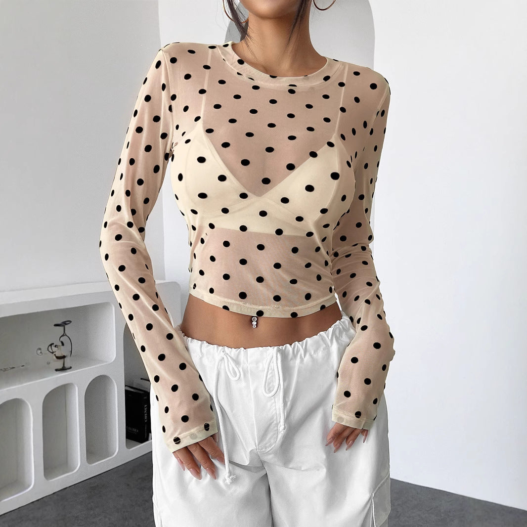 Shara - Lecker gepunktetes eng anliegendes Mesh Langarm-T-Shirt