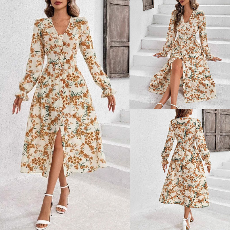 Roberta - Bedrucktes V-Ausschnitt Langarm Maxikleid