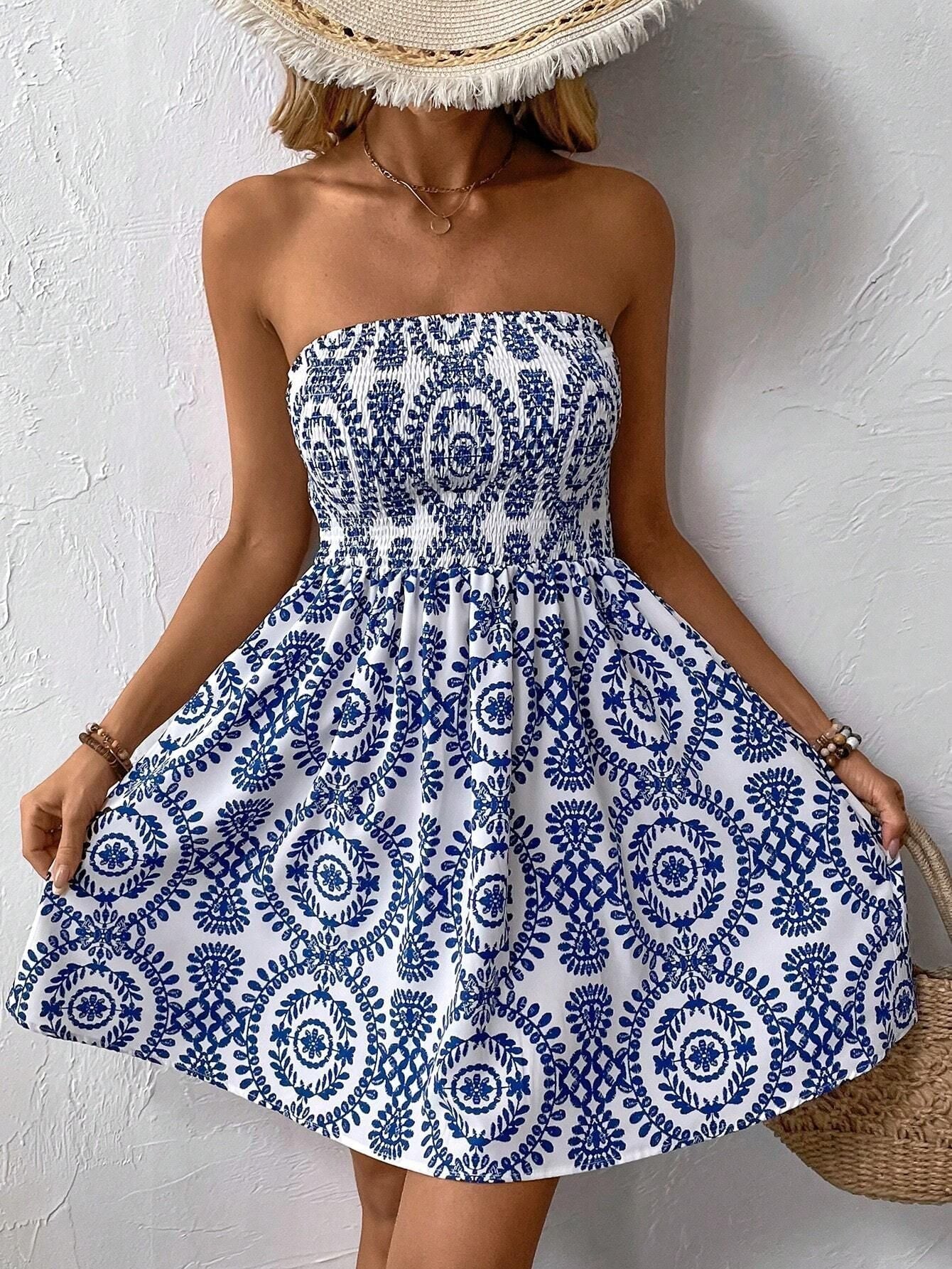Jane - Blau bedrucktes Trägerkleid
