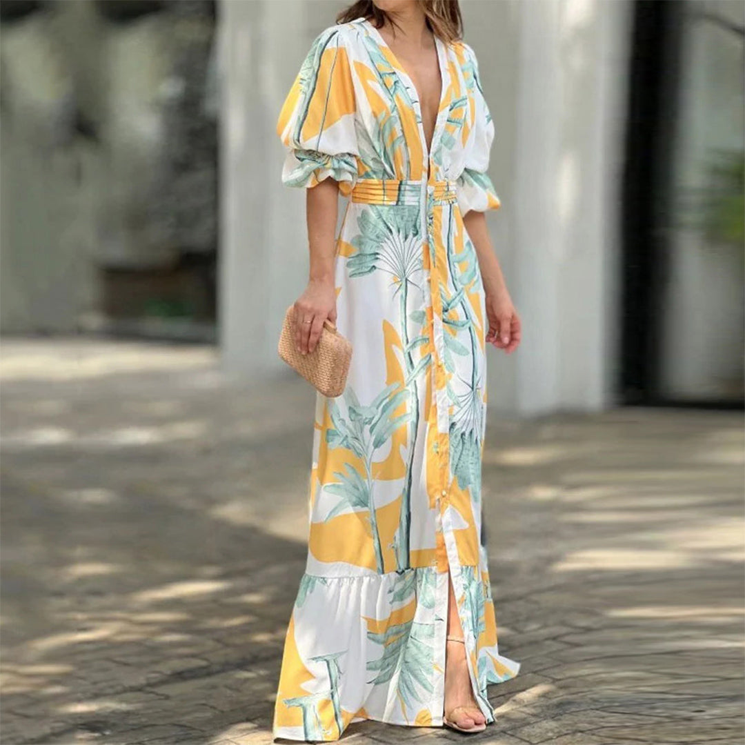 Emily - Puffärmel und Maxikleid mit Druck in der Taille