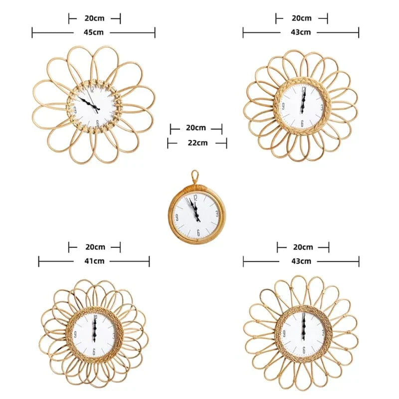 BohoBloom – Runde Wanduhr mit Blumenmuster aus Rattan im Bohemian-Stil