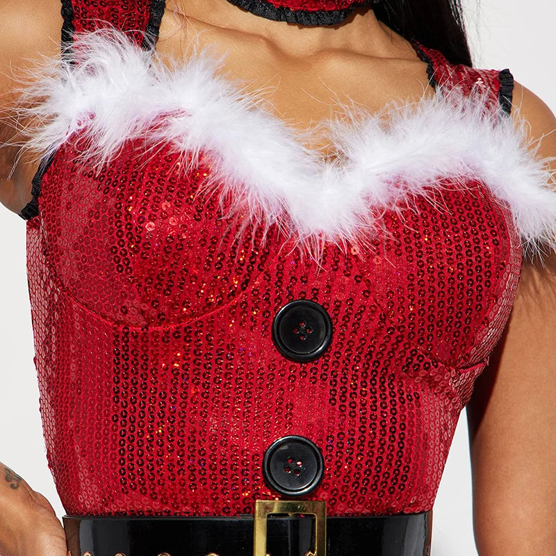 Festliche Mrs. Claus-Kleid mit V-Ausschnitt und Pelz