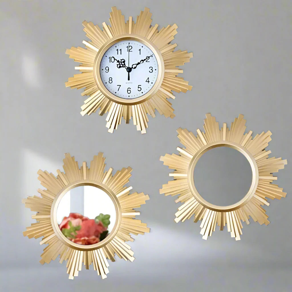 GlimmerTime – 3-teiliges geometrisches Wanduhr- und Spiegel-Set