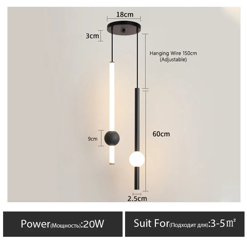 LumaSphere - Minimalistische Pendelleuchte mit schlankem schwarzen Stab und Glaskugel