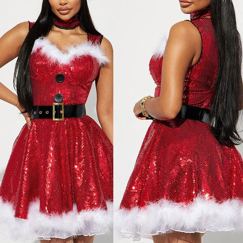 Festliche Mrs. Claus-Kleid mit V-Ausschnitt und Pelz