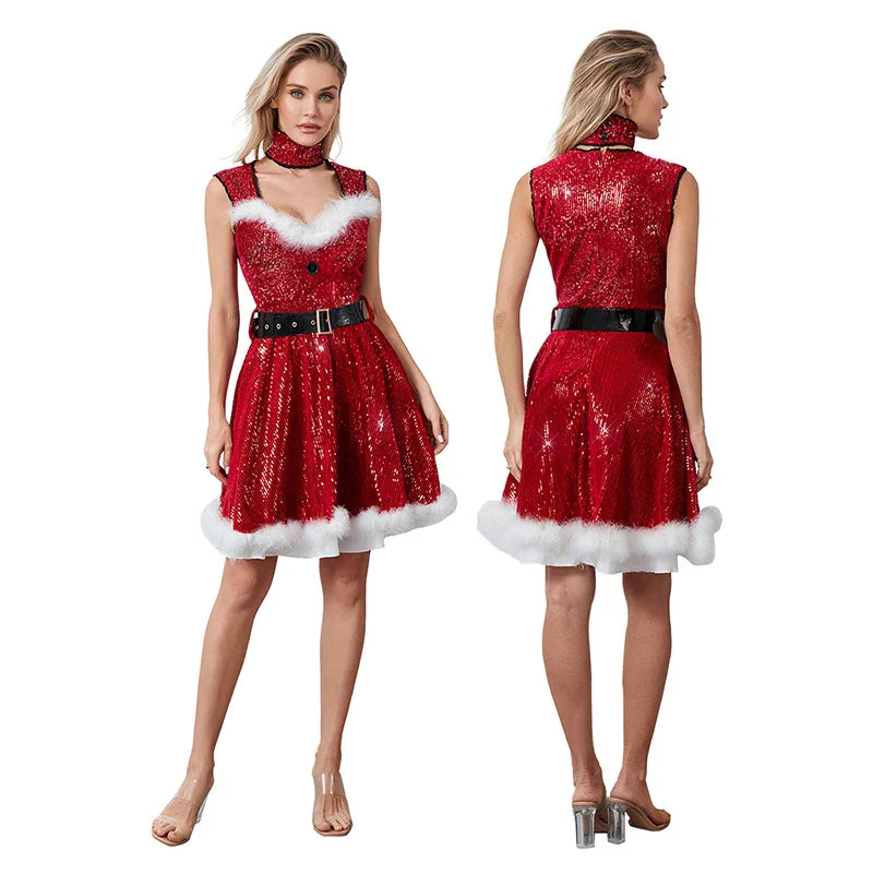 Festliche Mrs. Claus-Kleid mit V-Ausschnitt und Pelz