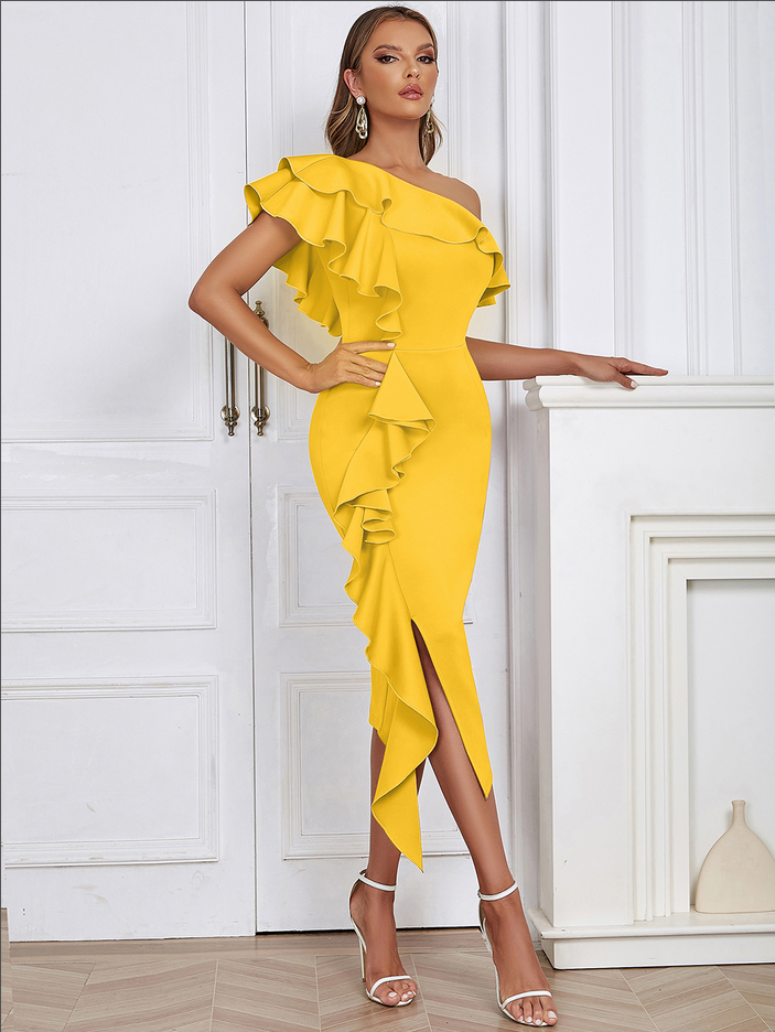 Sabine - Asymmetrisches Bodycon-Kleid mit Rüschensaum und Midikleid