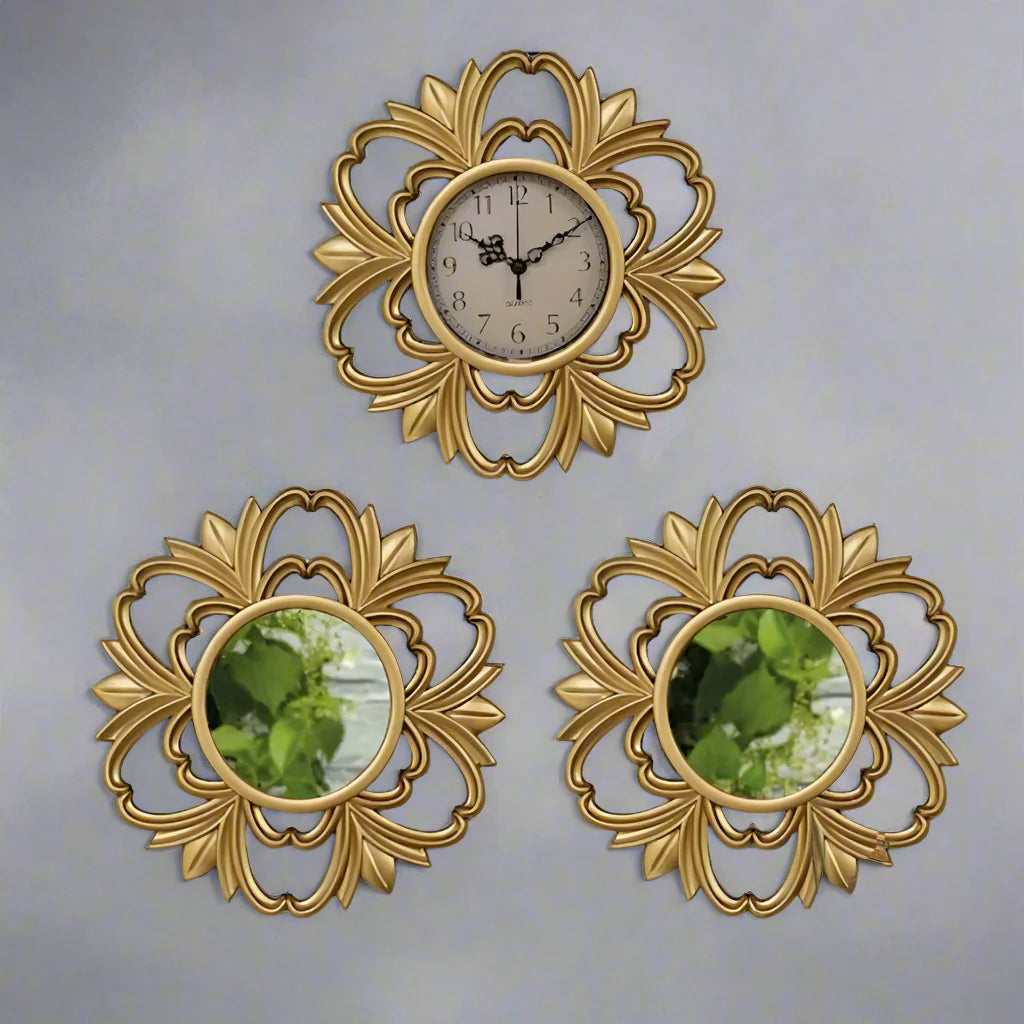 GlimmerTime – 3-teiliges geometrisches Wanduhr- und Spiegelset