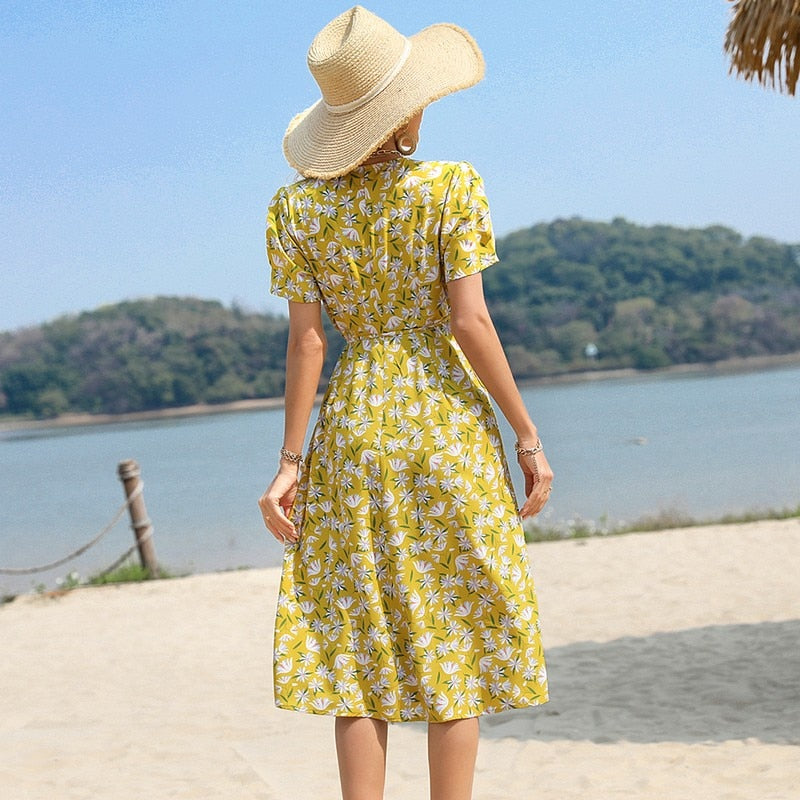 Lilibeth - V-Ausschnitt und kurze Ärmel Maxikleid mit Blumenmuster