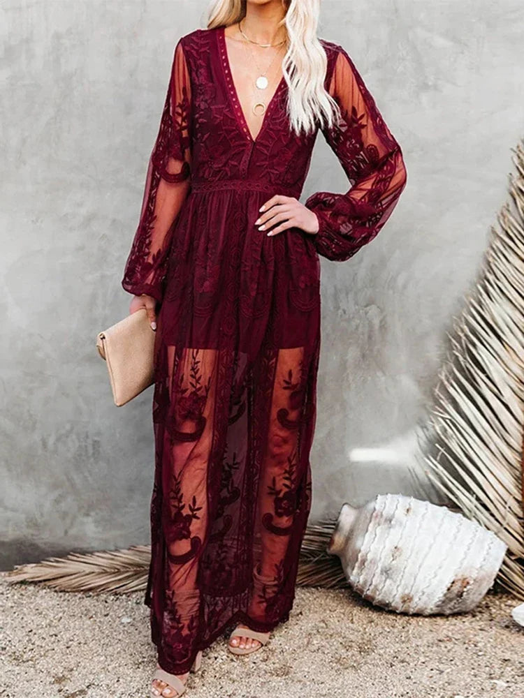Olive - Schickes tiefes V-Ausschnitt langärmliges Maxikleid