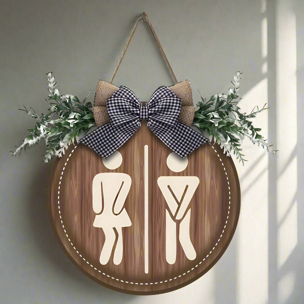 LooCharm – Rustikales Toilettenschild aus Holz mit Schleife, rund