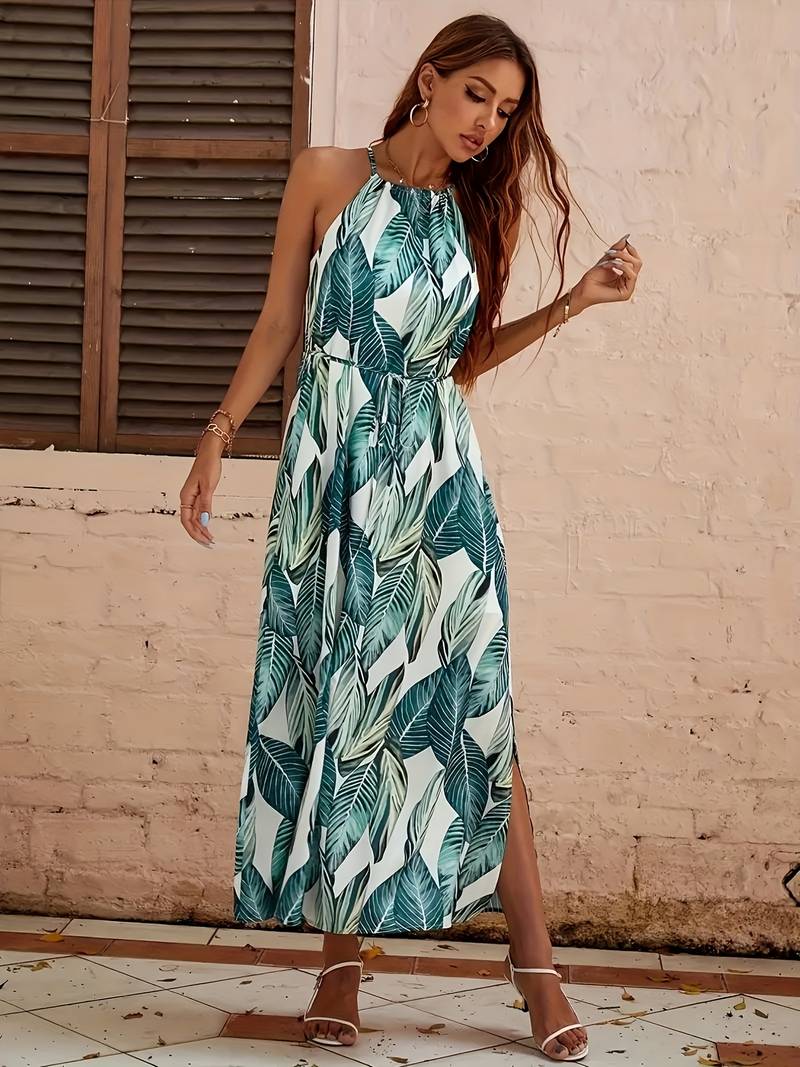 Esther - Neckholder Strandkleid mit Blattdruck