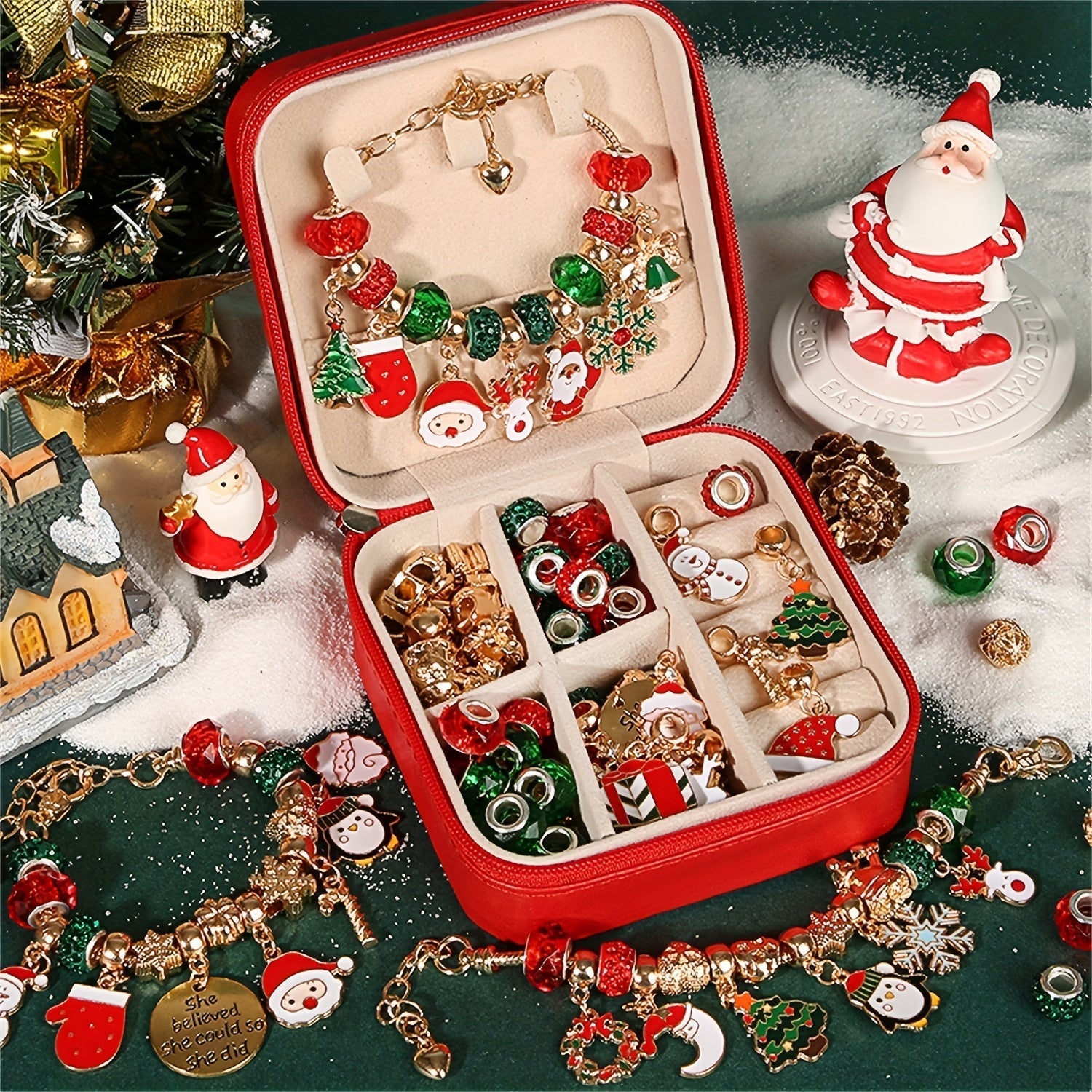 Weihnachts Charm Armband Bastelset, Elegante Rot-Grün Serie DIY Perlen