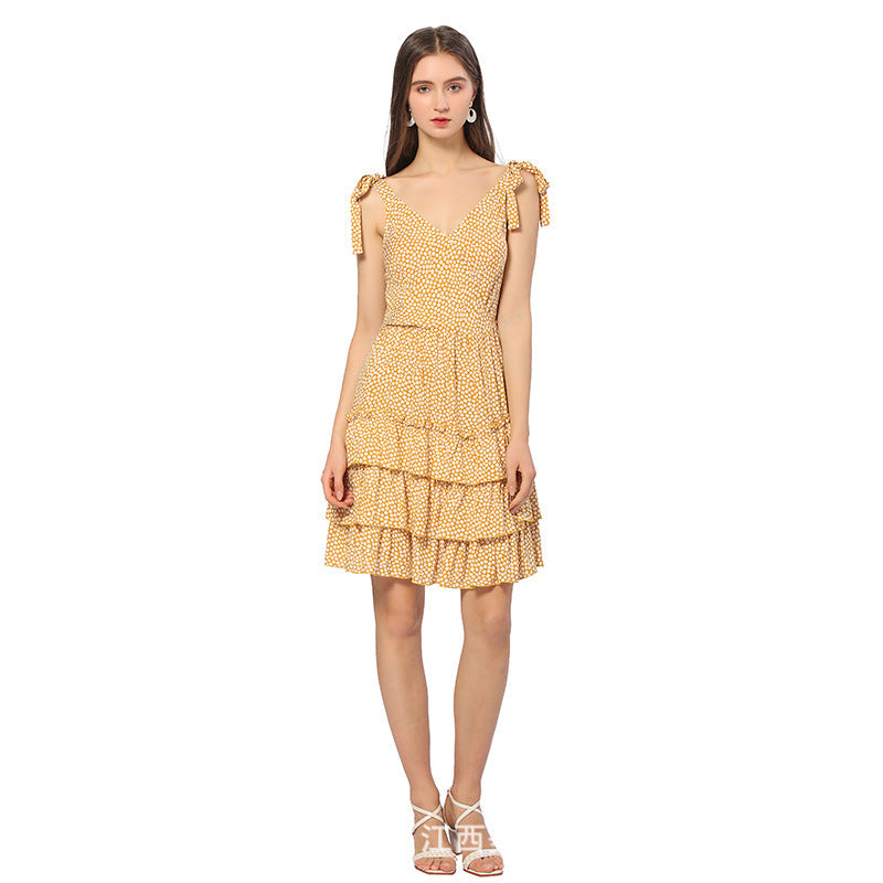 Sharon - Französisches Blumenkleid mit Schlaufen-V-Ausschnitt